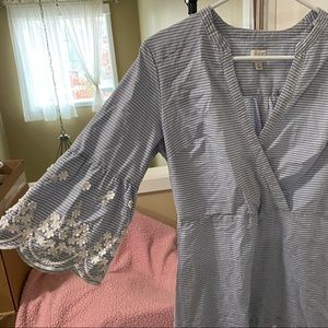 Blue and white striped dress with bell sleeves 💙